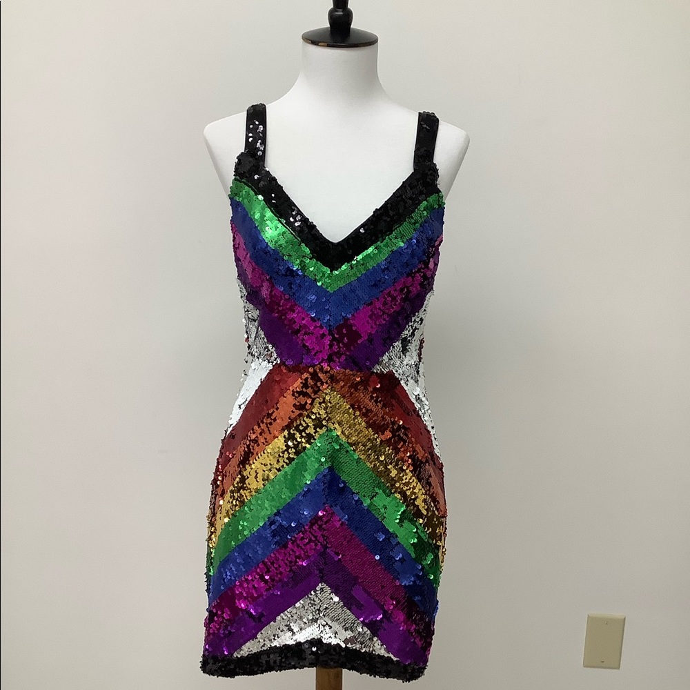 X by NBD Rainbow Sequin Backless Mini Dress